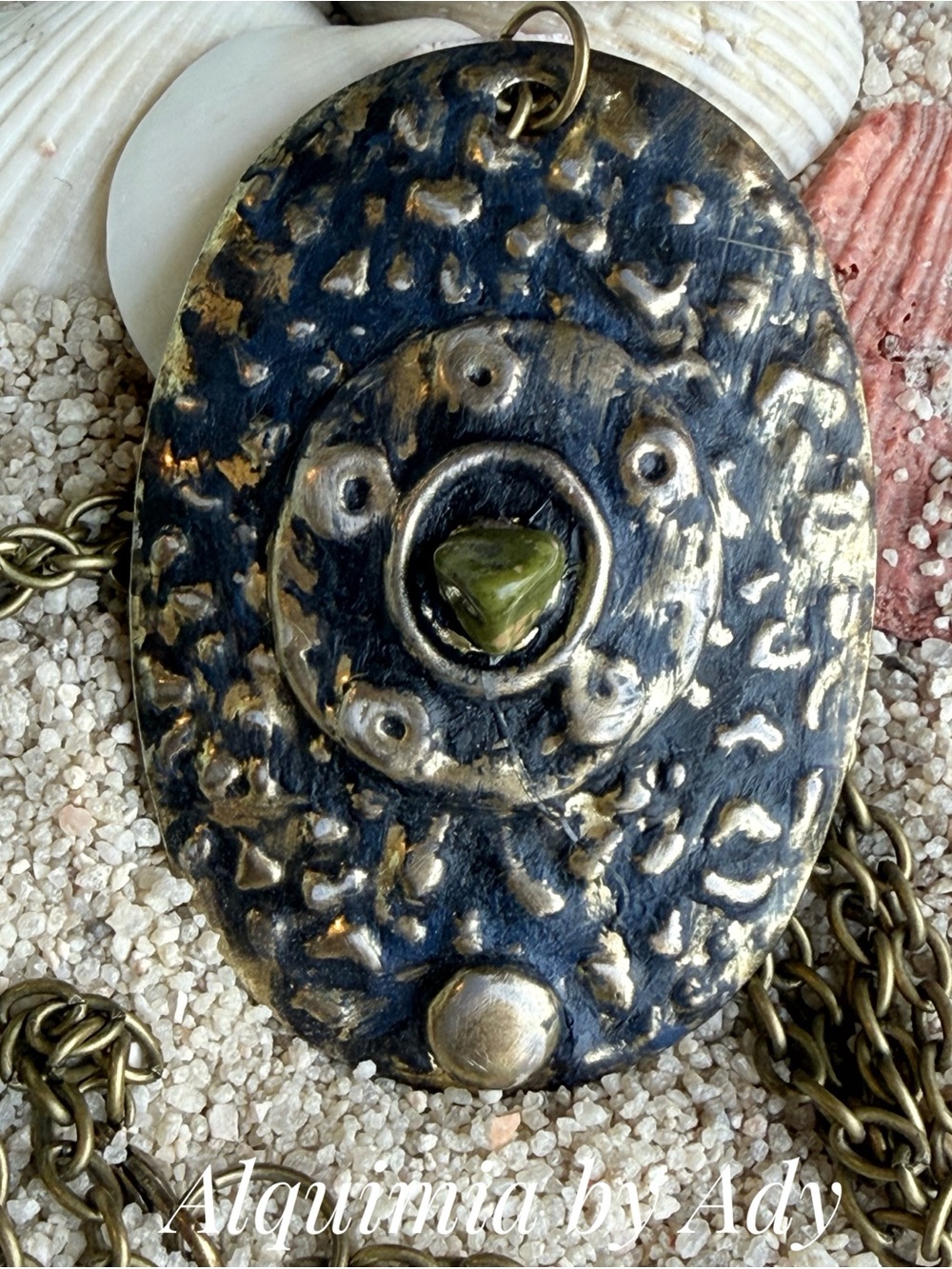 Fall essentials Black and Gold Oval Pendant with Olive Green Stone
